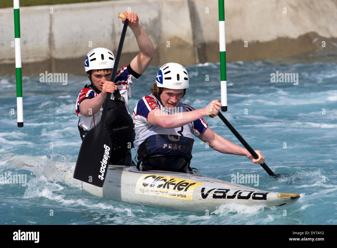 Andrew Houston, Michael Braun, Halbfinale C2 Männer GB Kanu Slalom 2014 Auswahl Studien Lee Valley White Water Centre, London, UK Stockfoto