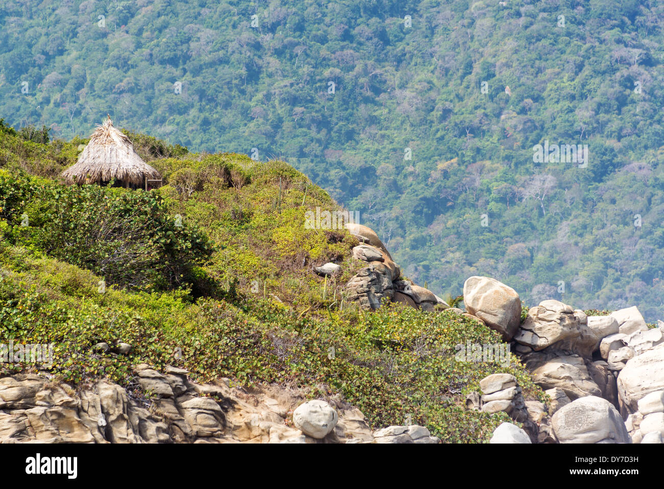 Kleine Hütte auf einem Hügel umgeben von Dschungel im Tayrona National Park in der Nähe von Santa Marta, Kolumbien Stockfoto