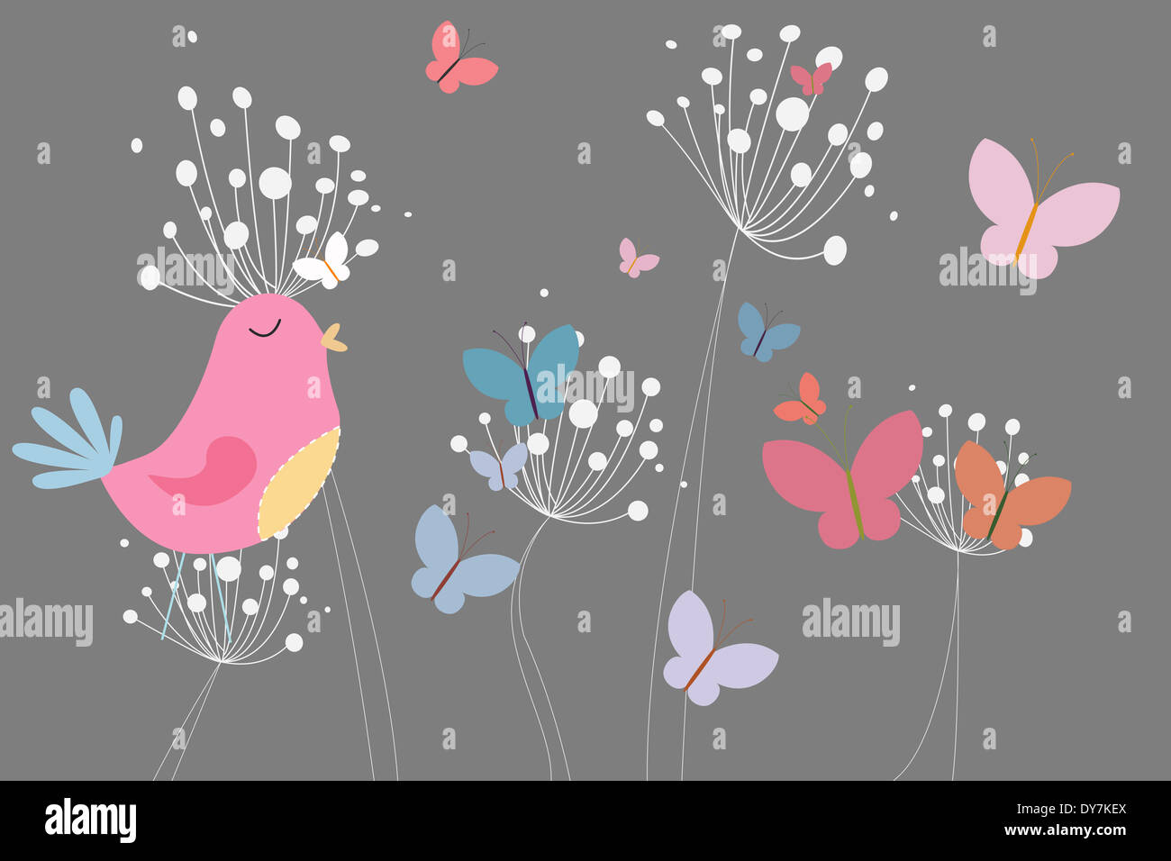 Rosa Vogel mit Herz und Löwenzahn Stockfoto