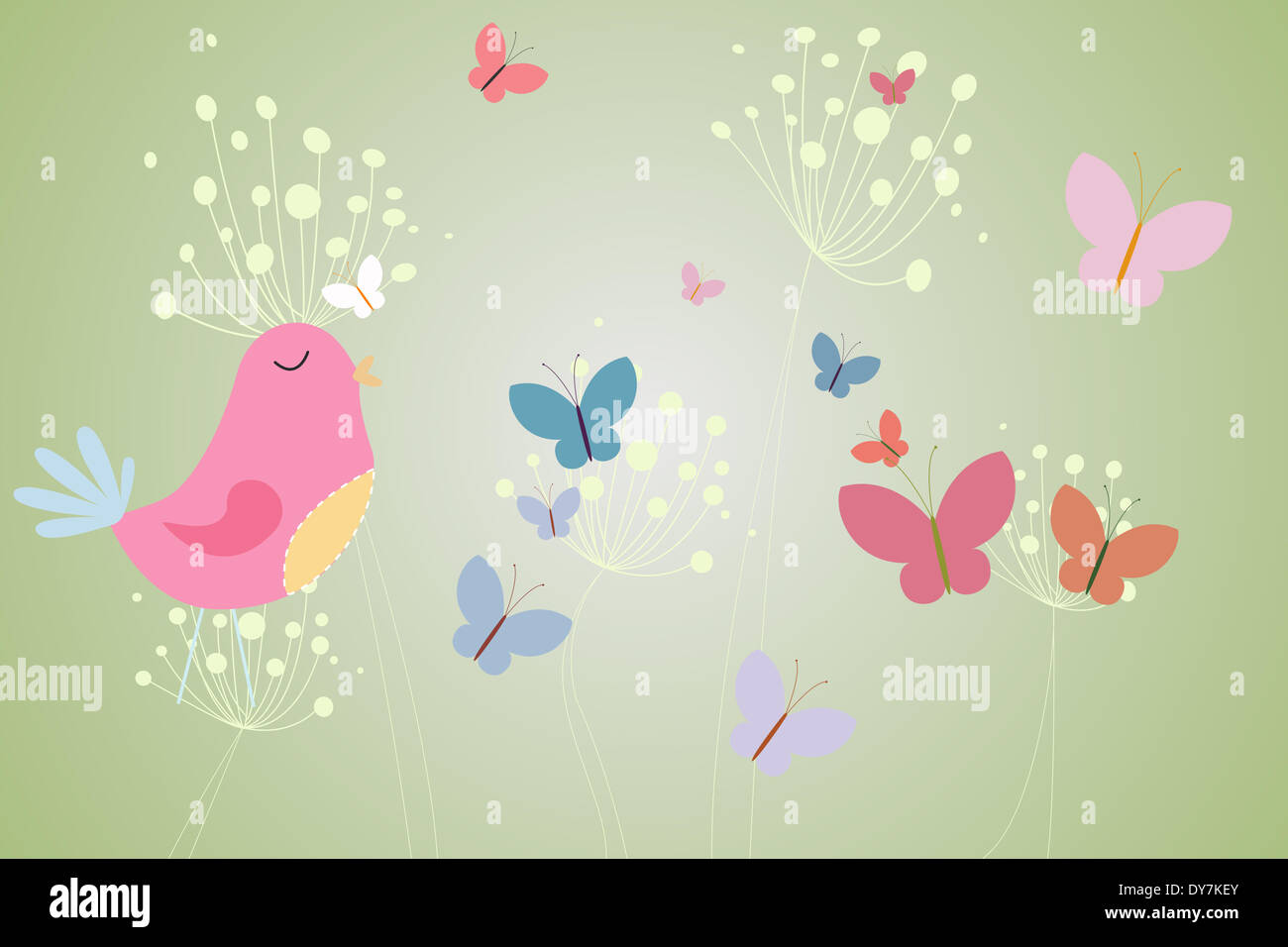 Rosa Vogel mit Herz und Löwenzahn Stockfoto