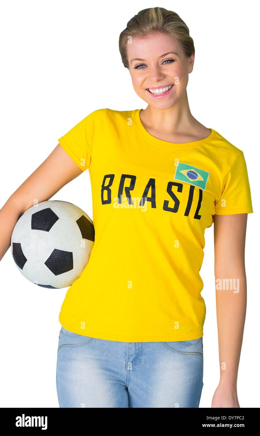 Hübsche Fußballfan in Brasil tshirt Stockfoto