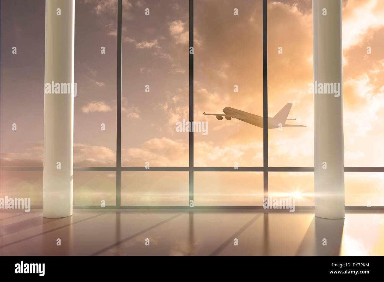 Flugzeug fliegen Fenster vorbei bei Sonnenaufgang Stockfoto