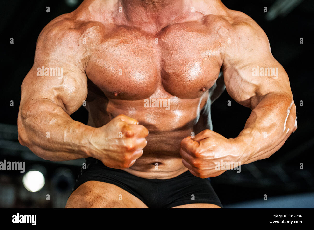Detail von einem männlichen Bodybuilder während der Fitness-Messe FIBO in Köln, 2014. Stockfoto