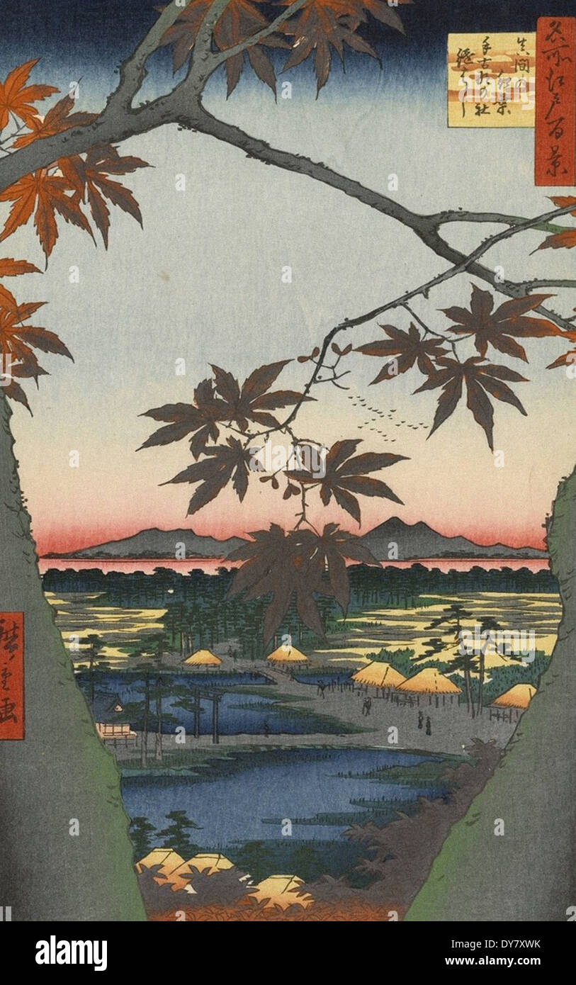 Utagawa Hiroshige 100 berühmte Ansichten von Edo - Nr. 94-Ahornbäume auf Mama, Tekona Schrein und verknüpfte Brücke Stockfoto