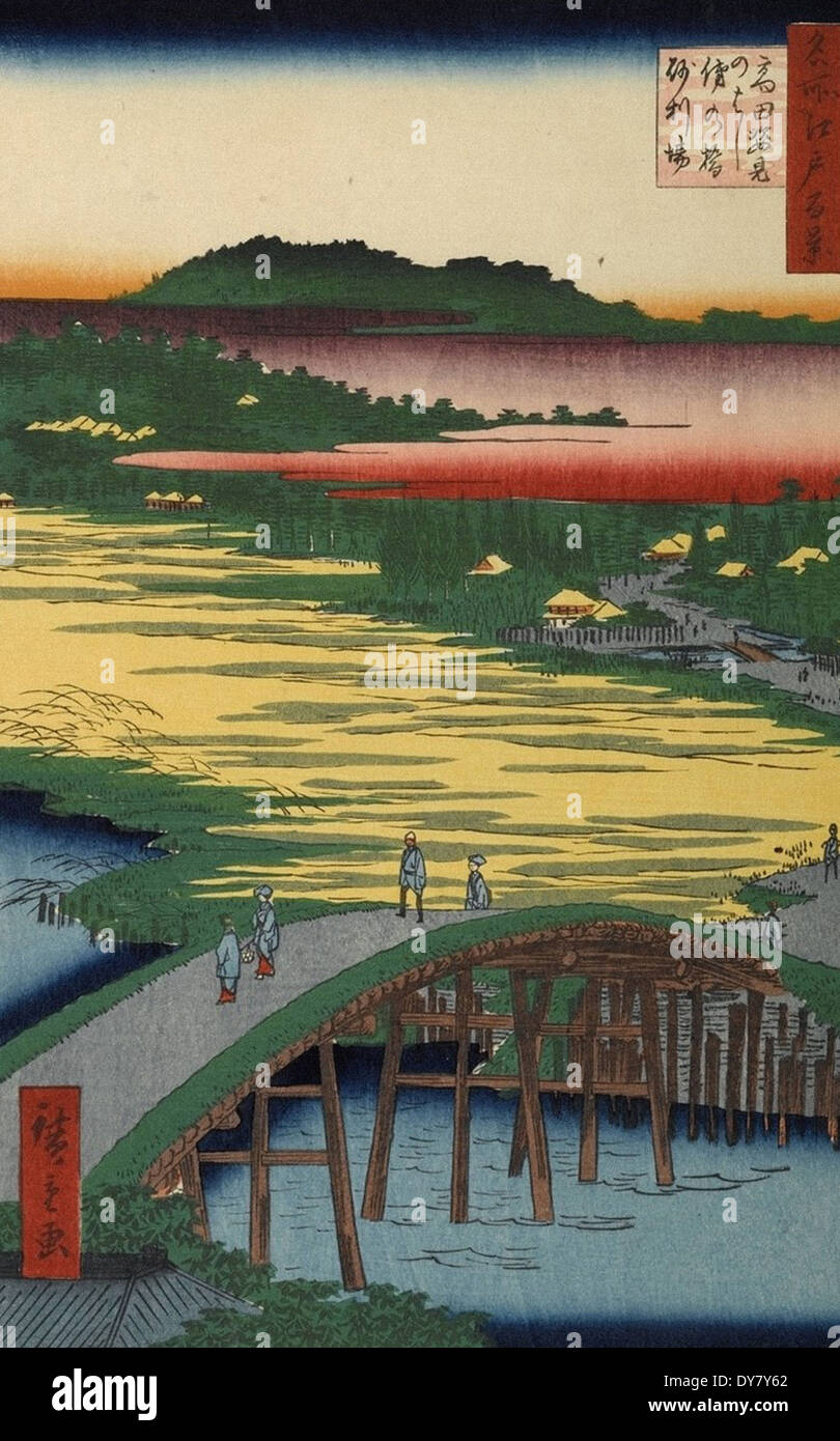 Utagawa Hiroshige 100 berühmte Ansichten von Edo - Nr. 116 Sugatami Bridge, Omokage Bridge und Jariba bei Takata Stockfoto