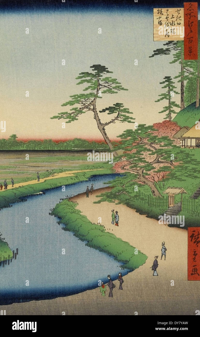Utagawa Hiroshige 100 berühmte Ansichten von Edo - Nr. 40 Basho Hermitage und Camellia Hill auf der Kanda-Aquädukt bei Sekiguch Stockfoto
