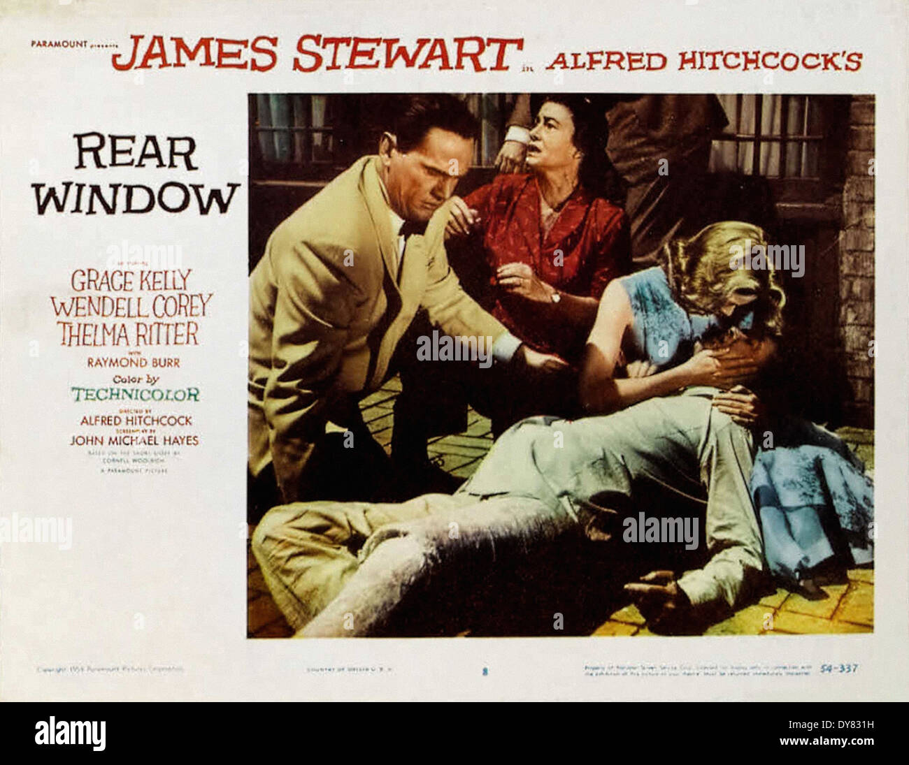 Hinten - Filmplakat - Lobby Fensterkarte - Regie: Alfred Hitchcock - 1954 Stockfoto