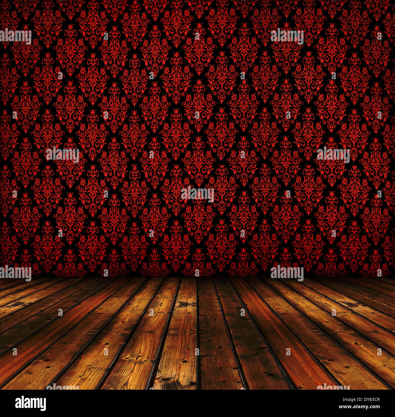 Grunge-Innenraum mit Vintage rote Tapeten und Holzboden Stockfoto