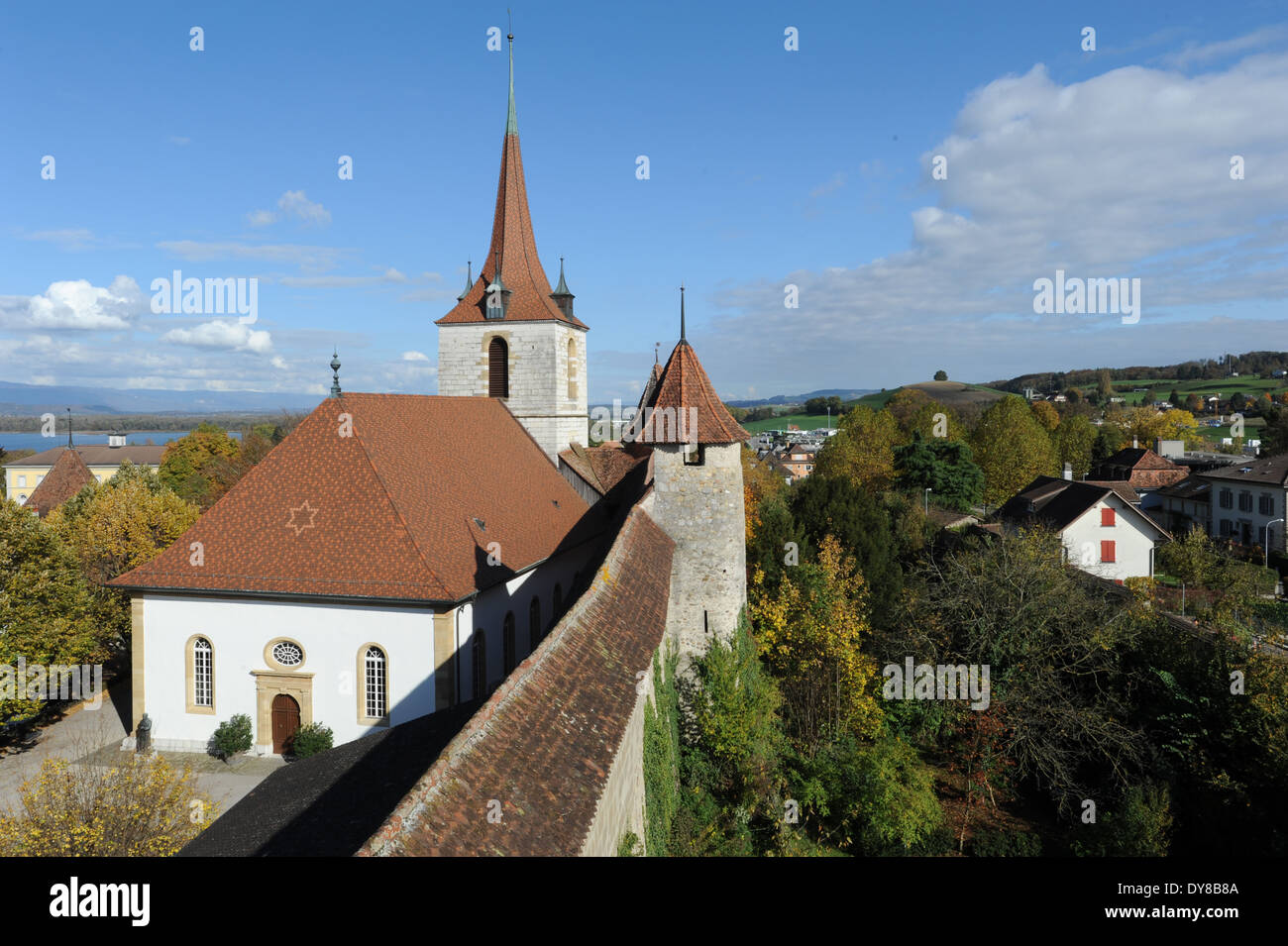 Schweiz, Kanton Freiburg, Murten, Murten, Dächer, Turm, mittelalterlich Stockfoto