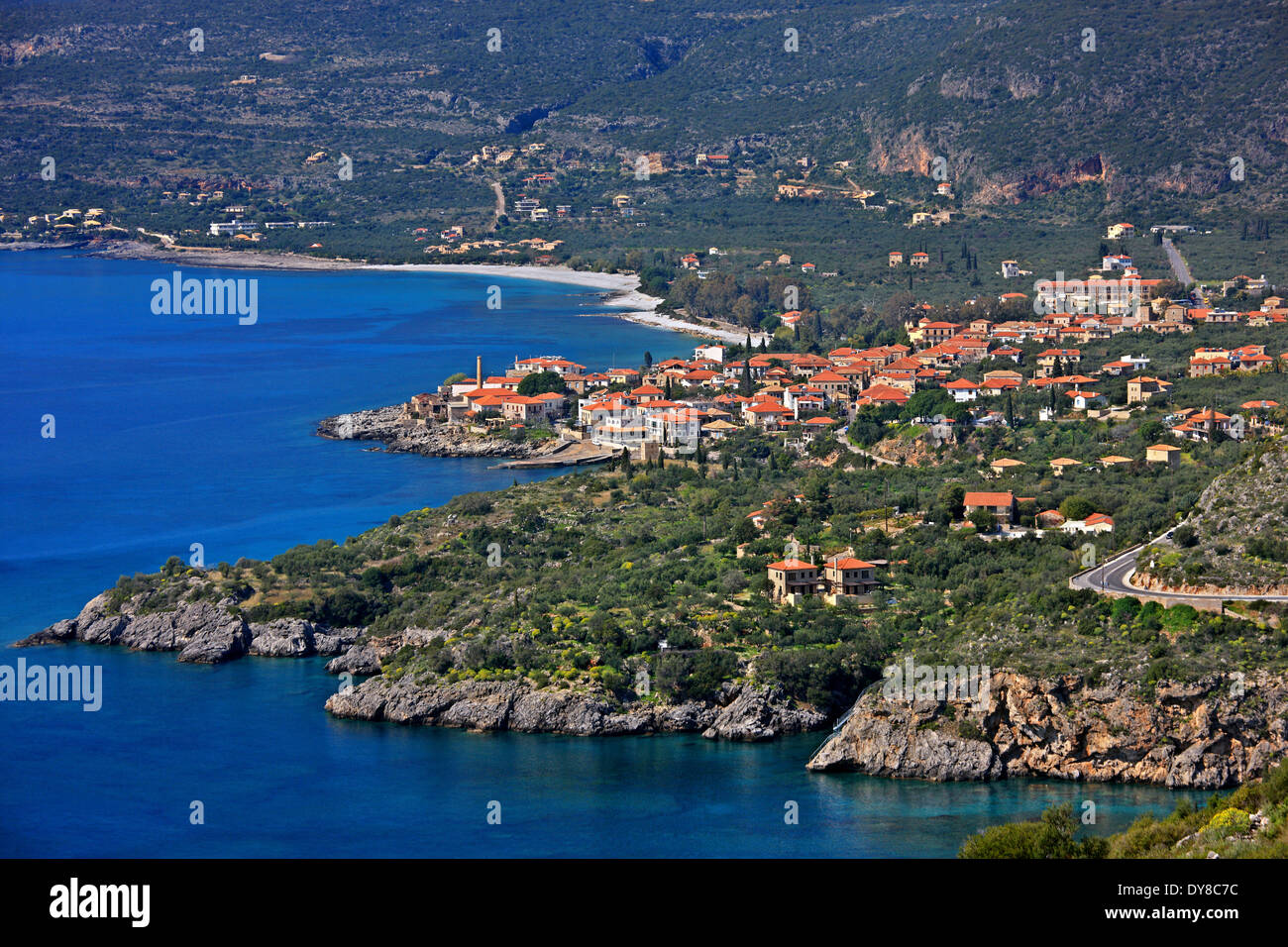 Panoramablick über Kardamyli, "Hauptstadt" der westliche Mani, Messenien Präfektur, Peloponnes, Griechenland Stockfoto