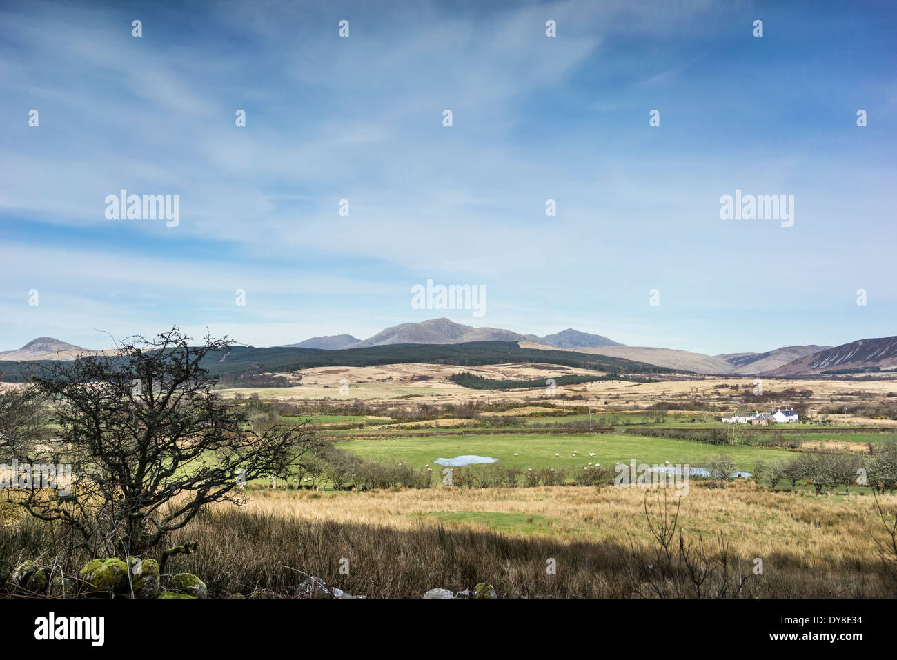 Blick über Machrie Moor & Berge auf der Isle of Arran in Schottland. Stockfoto