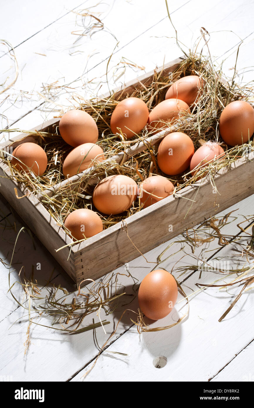 Holzkiste von braunen Eiern und Heu auf weißer Holztisch Stockfoto
