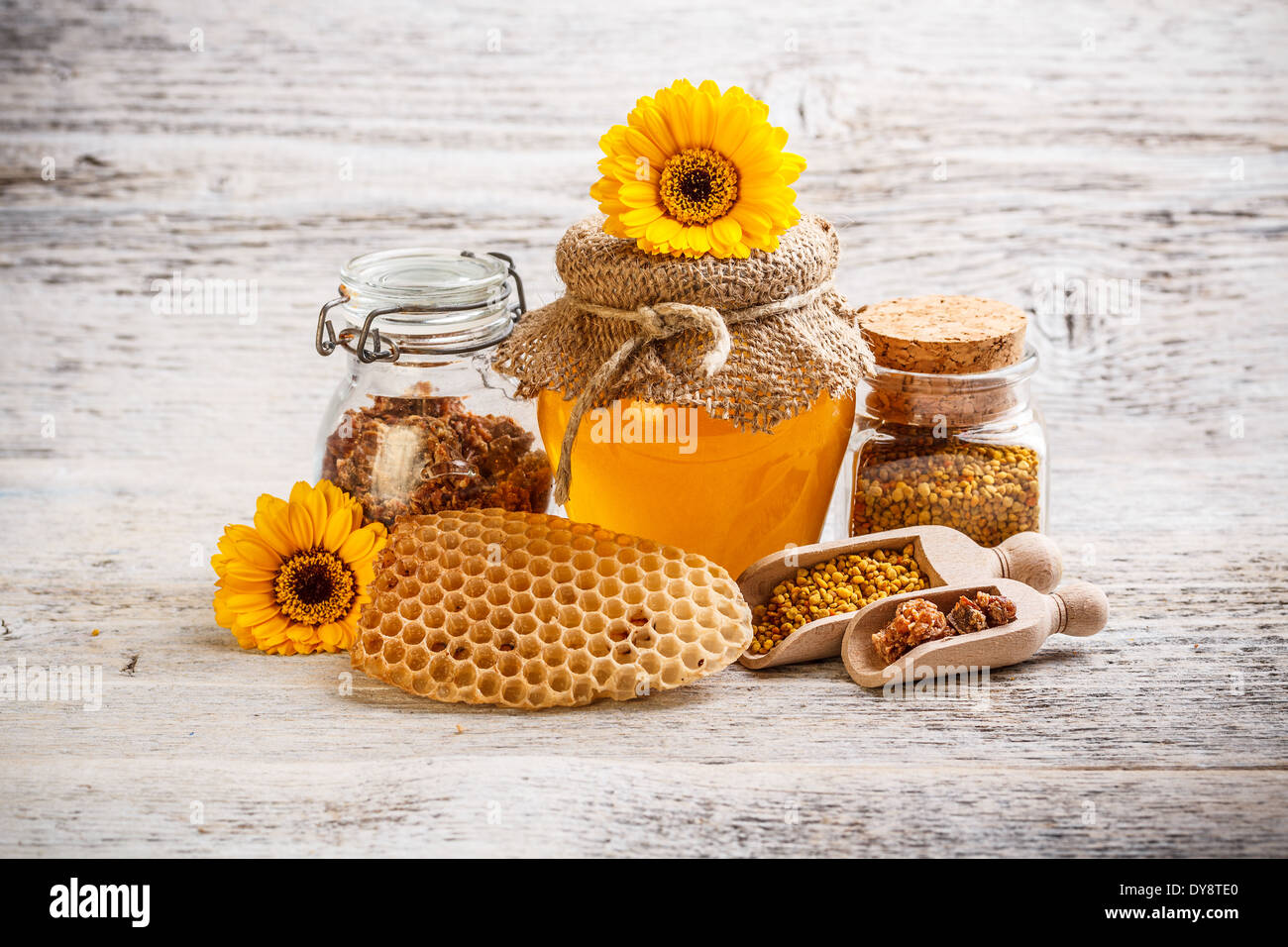 Kämme, Honig, Pollen und Propolis mit Blume verziert Stockfoto