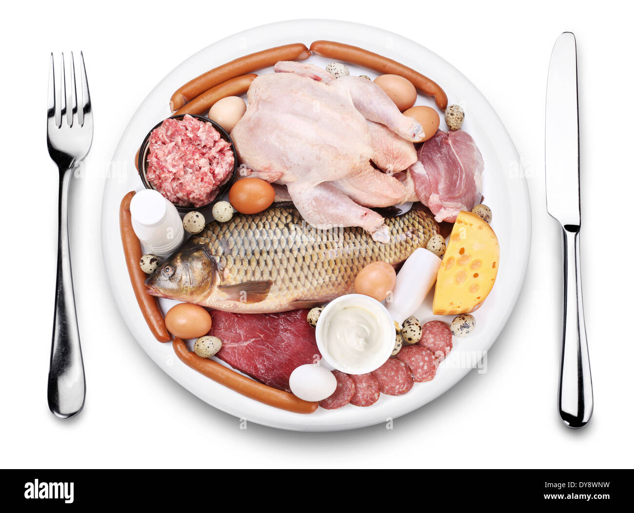 Rohes Fleisch und Milchprodukte auf einem Teller. Ansicht von oben, auf einem weißen Hintergrund. Stockfoto