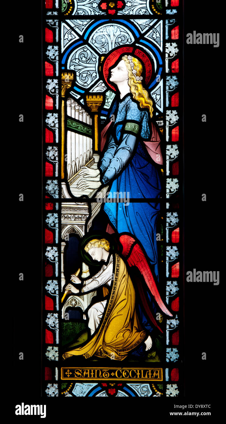 Saint Cecilia Glasmalerei, St. Marien Kirche, Hanbury, Worcestershire, England, UK Stockfoto