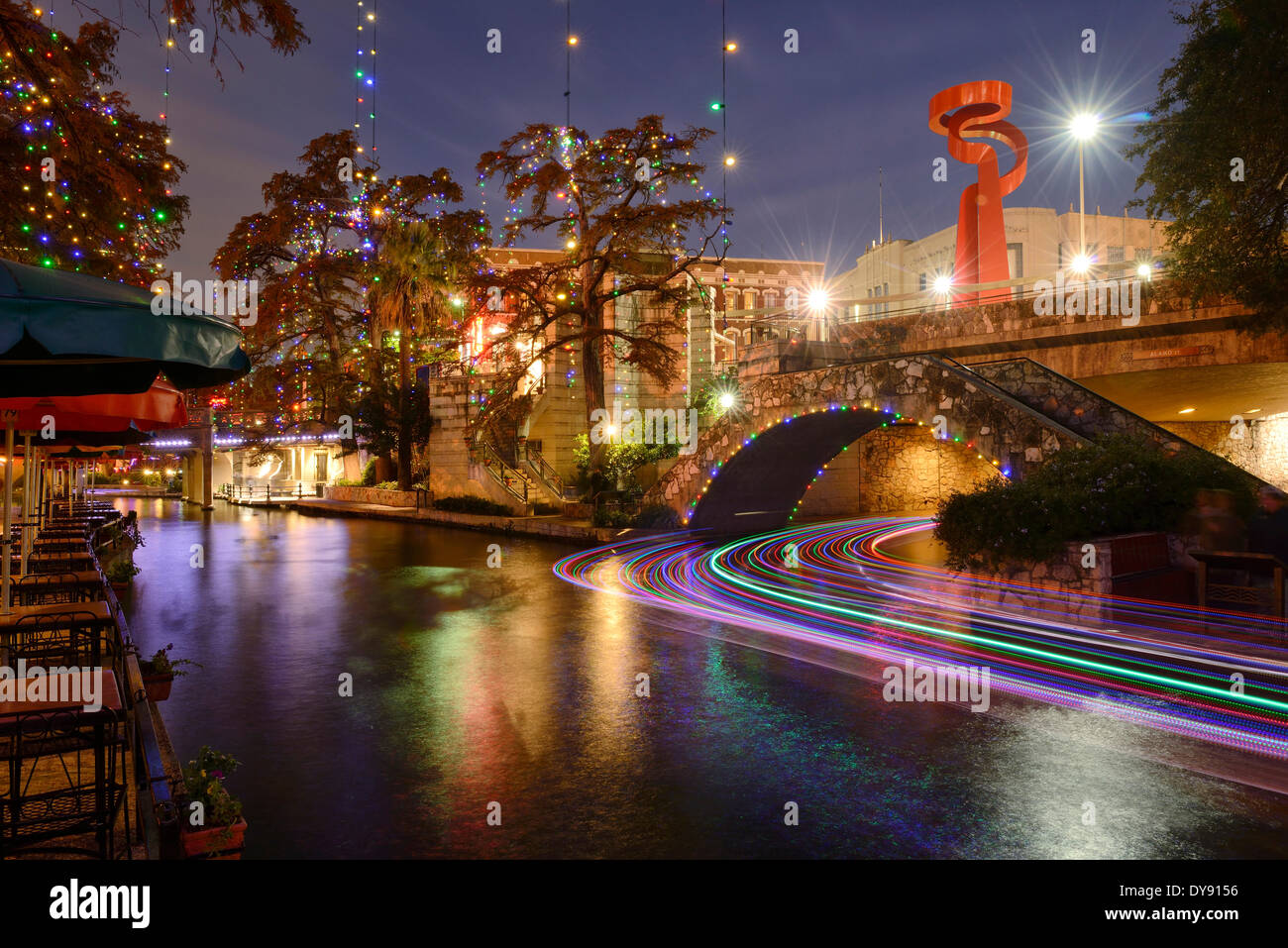 USA, USA, Amerika, Texas, San Antonio River Walk, Dämmerung, Fluss, Stadt, Abend, Lichter Stockfoto