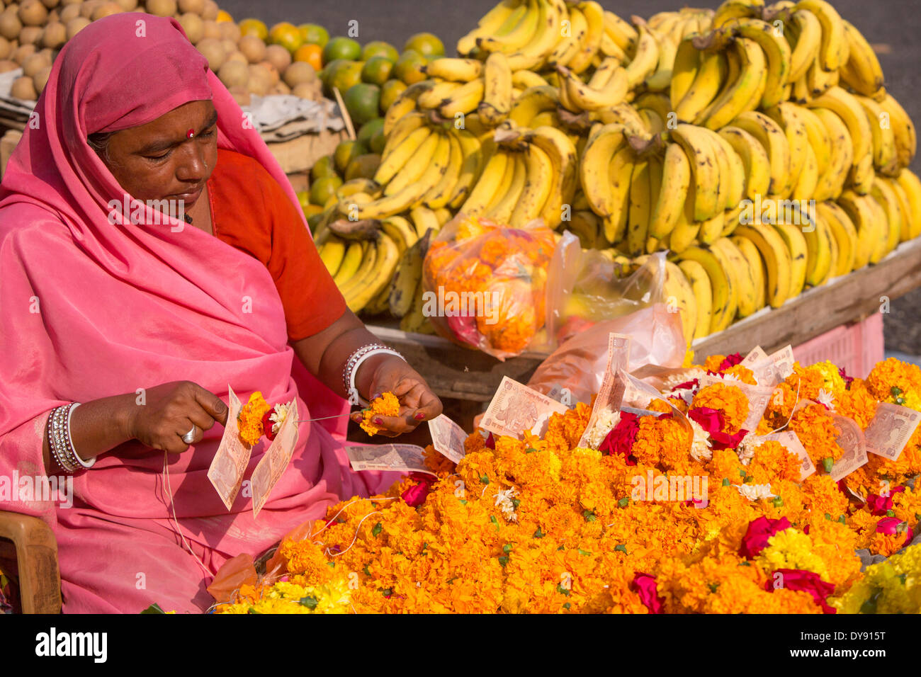 Markt, Altstadt, Udaipur, Rajasthan, Asien, Indien, Stadt, Stadt, Frau, traditionell, Obst, Bananen, Stockfoto