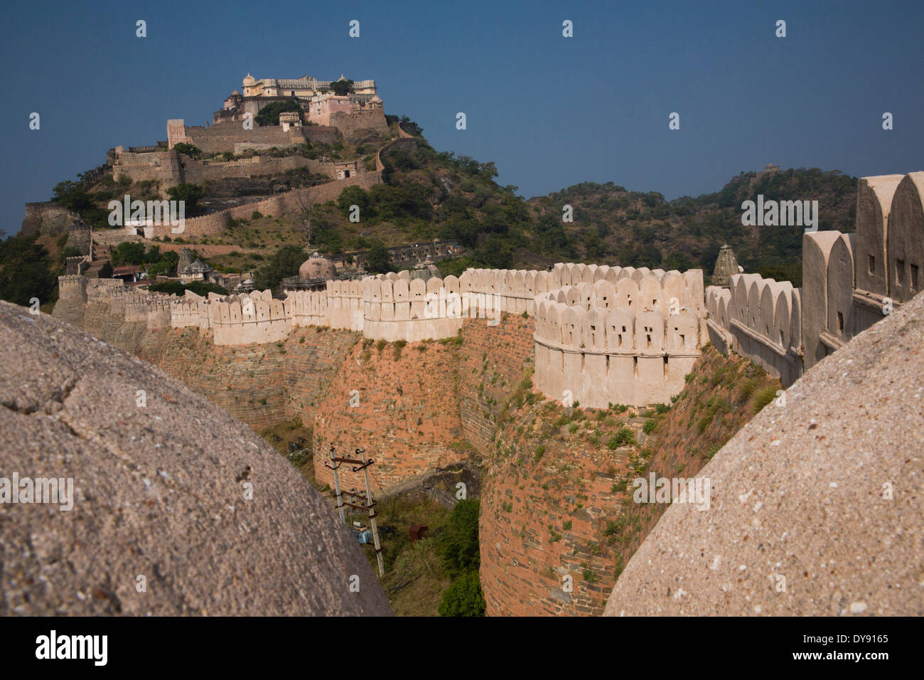 Fort, Kumbhalgarh, Rajasthan, Wand, gerahmt, Asien, Indien, Festung, Stockfoto