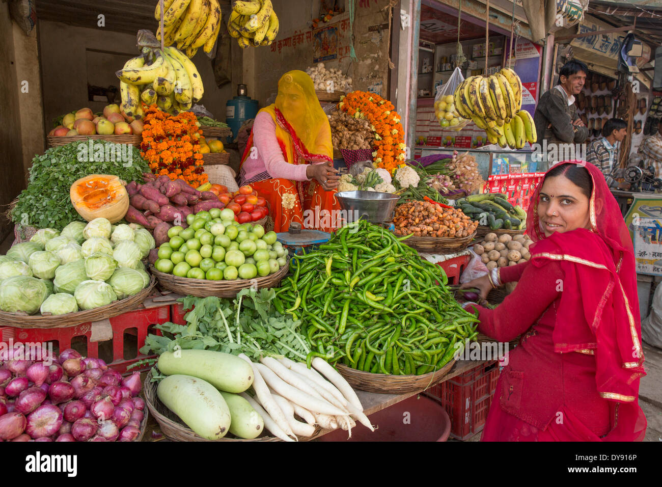 Gemüse-Markt, Indien, Asien, Indien, Markt, Gemüse, Frau, traditionell, Indisch, Rajasthan, Stockfoto