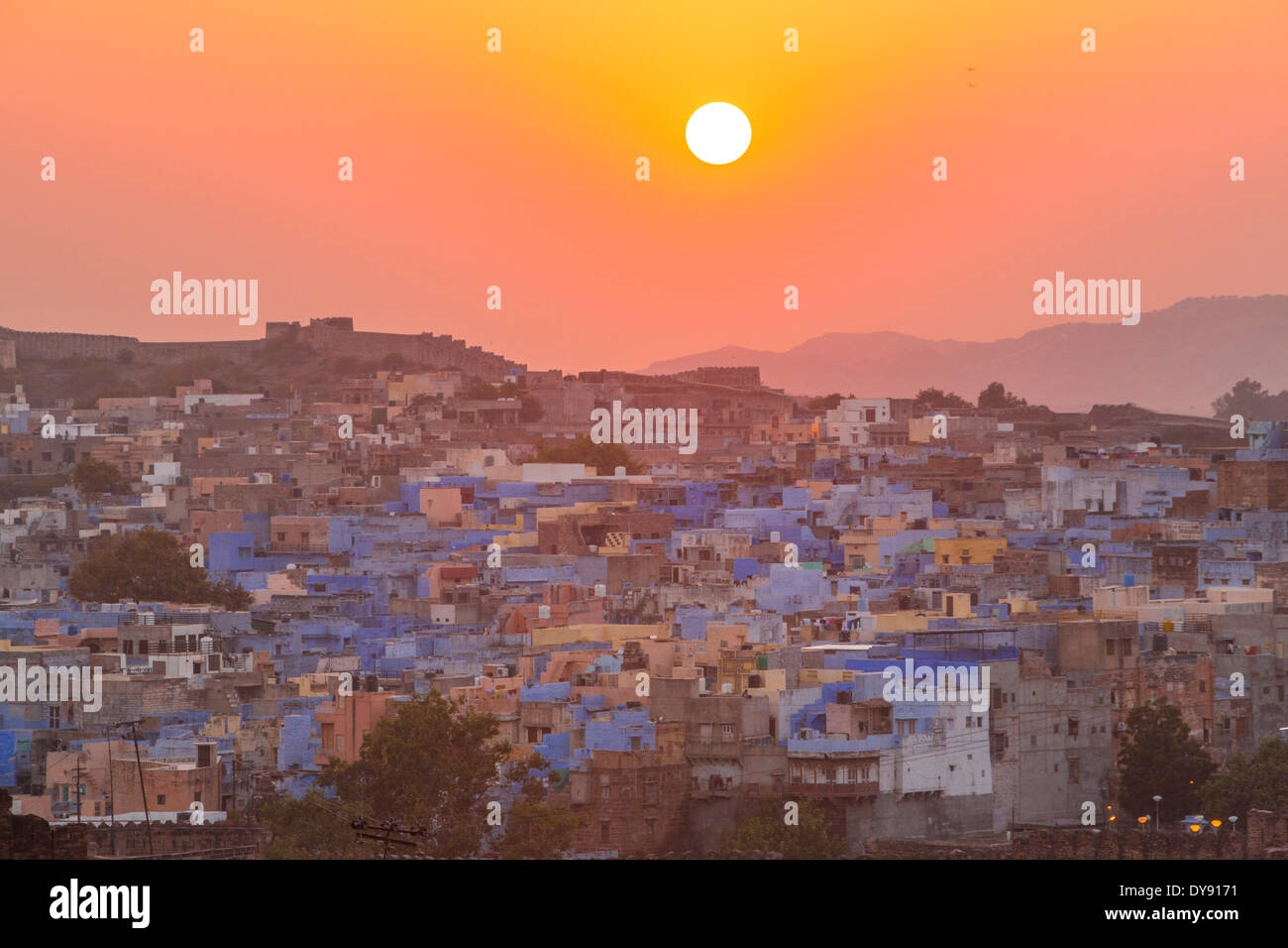 Jodhpur, Rajasthan, blaue Stadt, Rajasthan, Asien, Indien, Stadt, Stadt, blau, Sonnenuntergang, Sonnenuntergang, Stockfoto