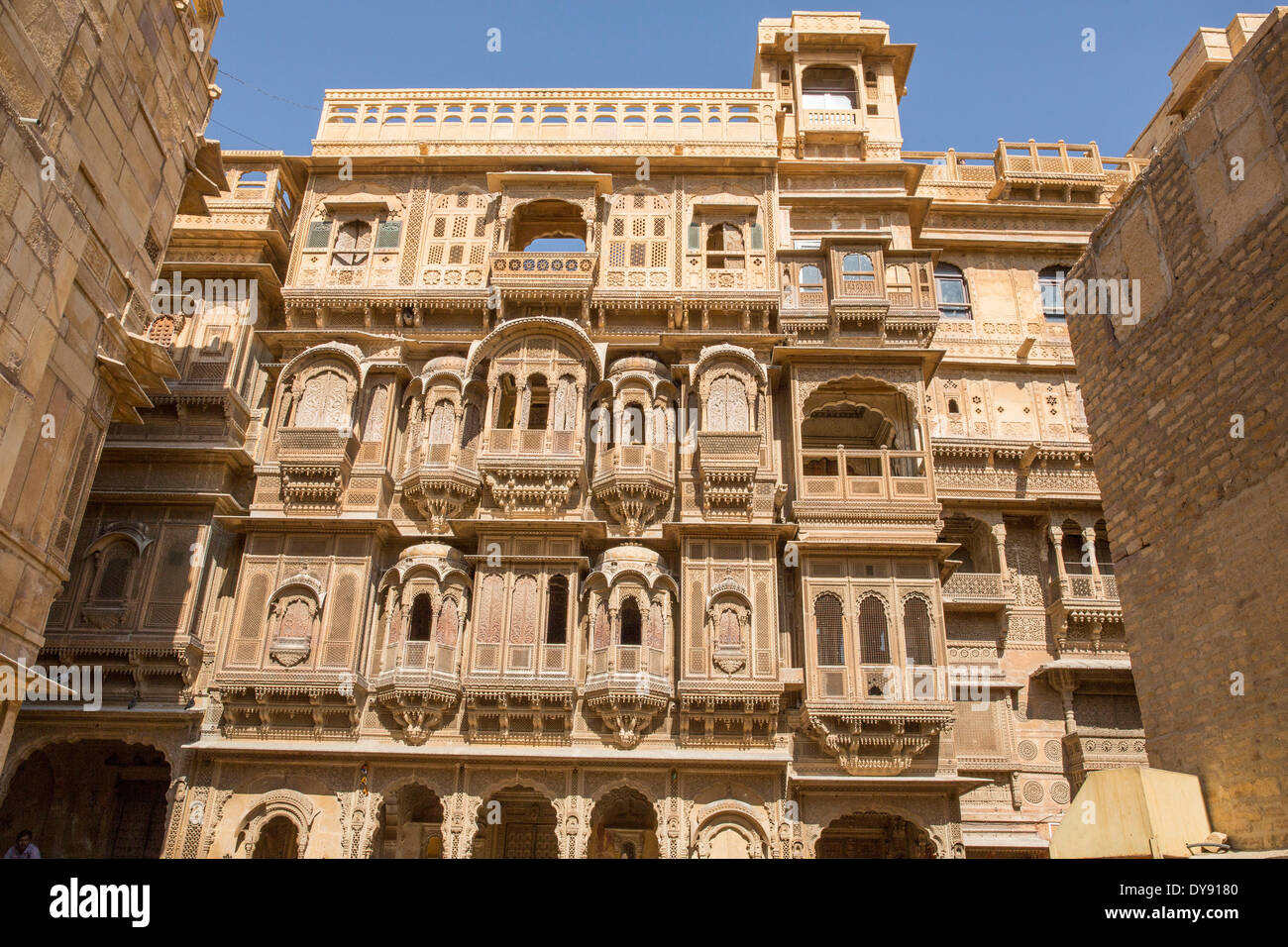 Haveli, Jaisalmer, Rajasthan, Asien, Indien, Hochbau, Fassade Stockfoto