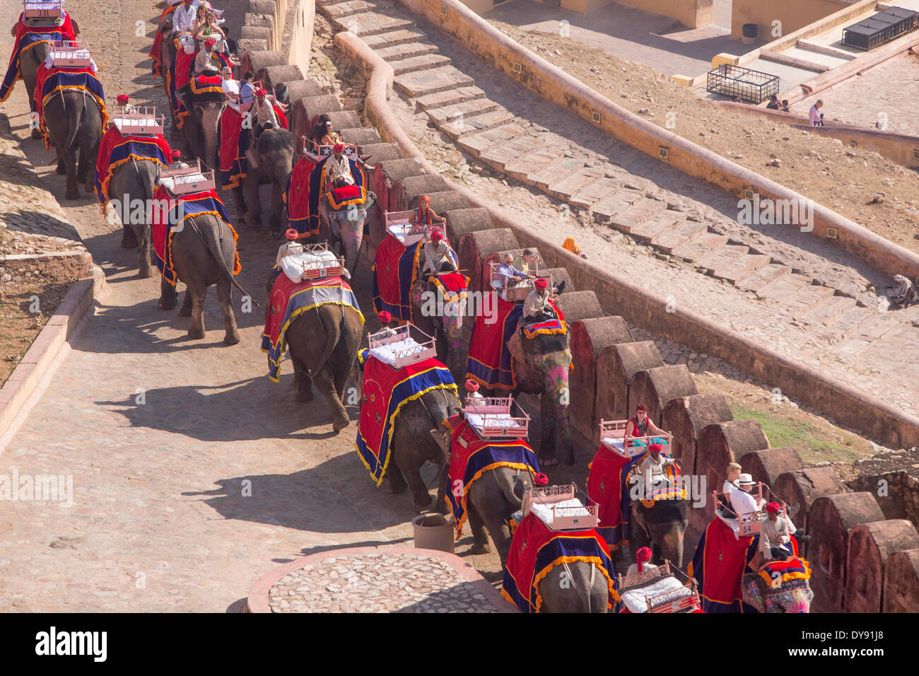 Touristen, Fahrt, Fort, Amber, Elefant, Elefanten, Asien, Indien Rajasthan, Amber, Jaipur, Stockfoto