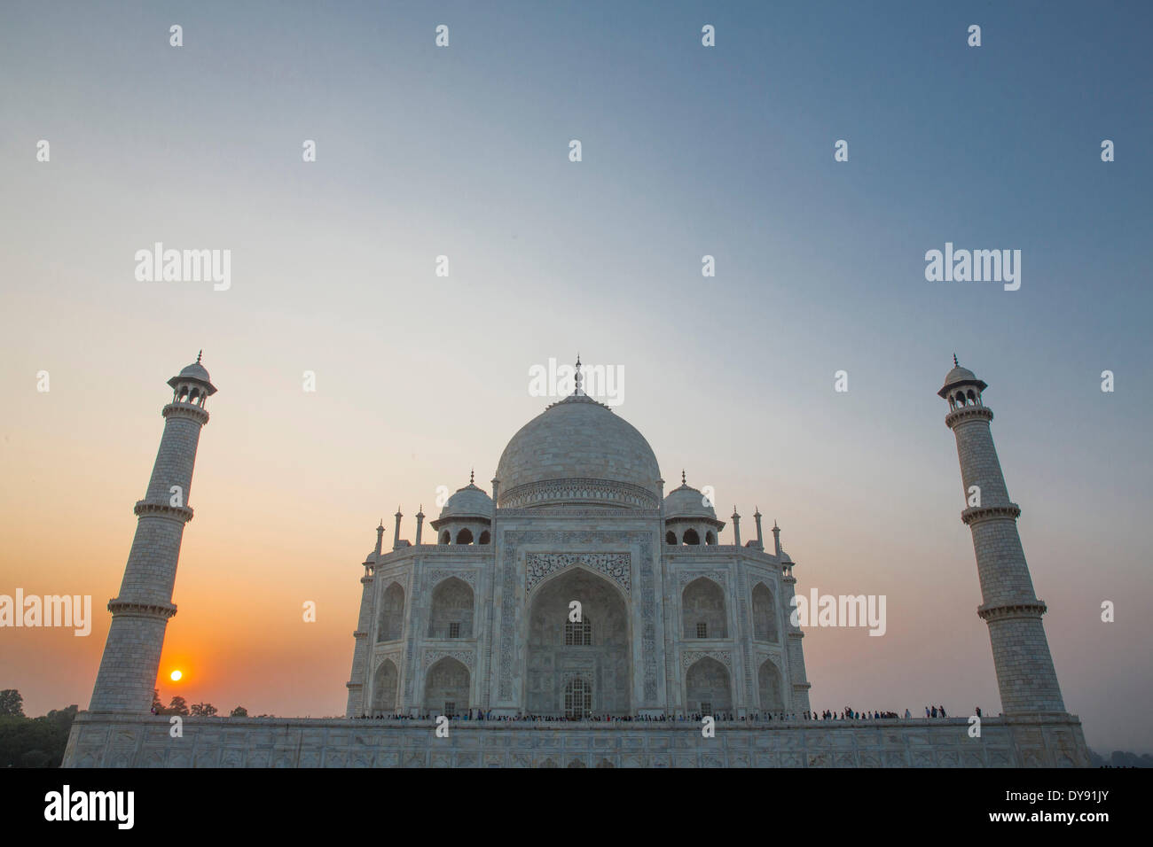 Taj Mahal, Agra, Uttar Pradesh, Mausoleum, Asien, Minarett, Sonnenuntergang, Sonnenuntergang, Stockfoto