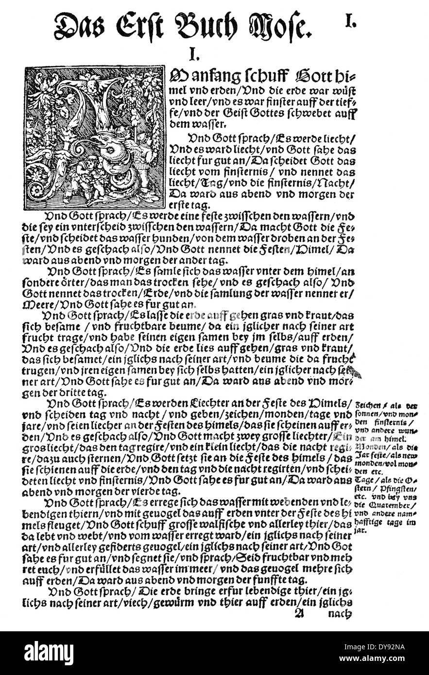 Faksimile, Drucken der ersten Seite, Buch Genesis, 1534, Bibelübersetzung von Martin Luther Stockfoto
