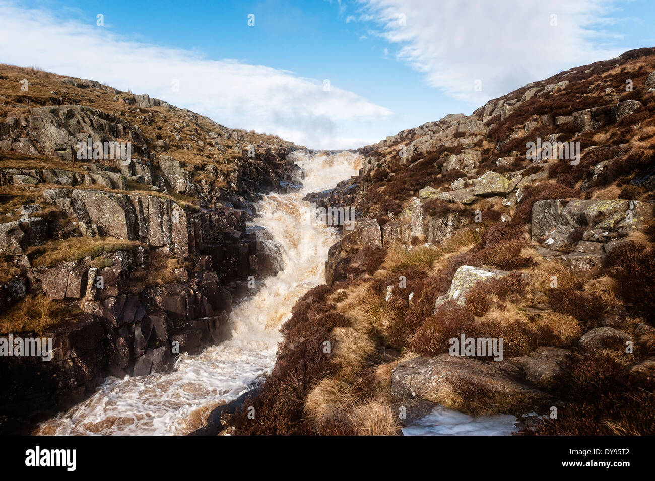 Kessel Schnauze Wasserfall des Flusses Tees im Teesdale Stockfoto