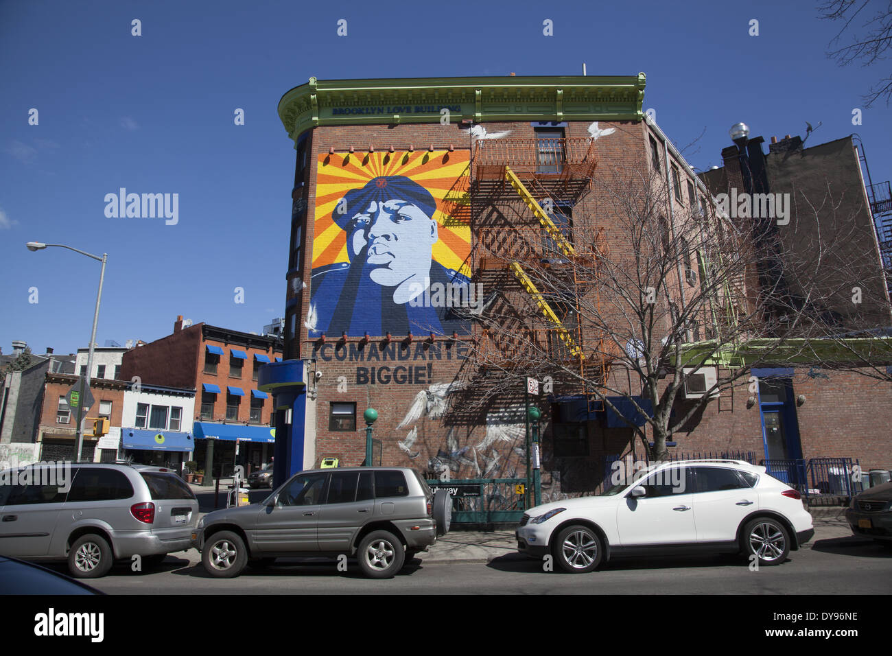 Wandbild von Biggie am Brooklyn Liebe Gebäude auf Fulton und South Portland in Fort Greene, Brooklyn, NY. Stockfoto