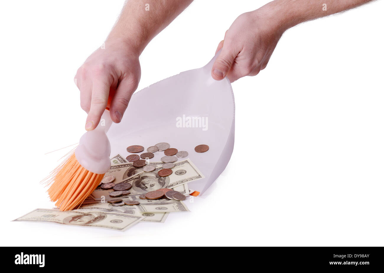 Bereinigen von Geld auf einem weißen Hintergrund isoliert Stockfoto