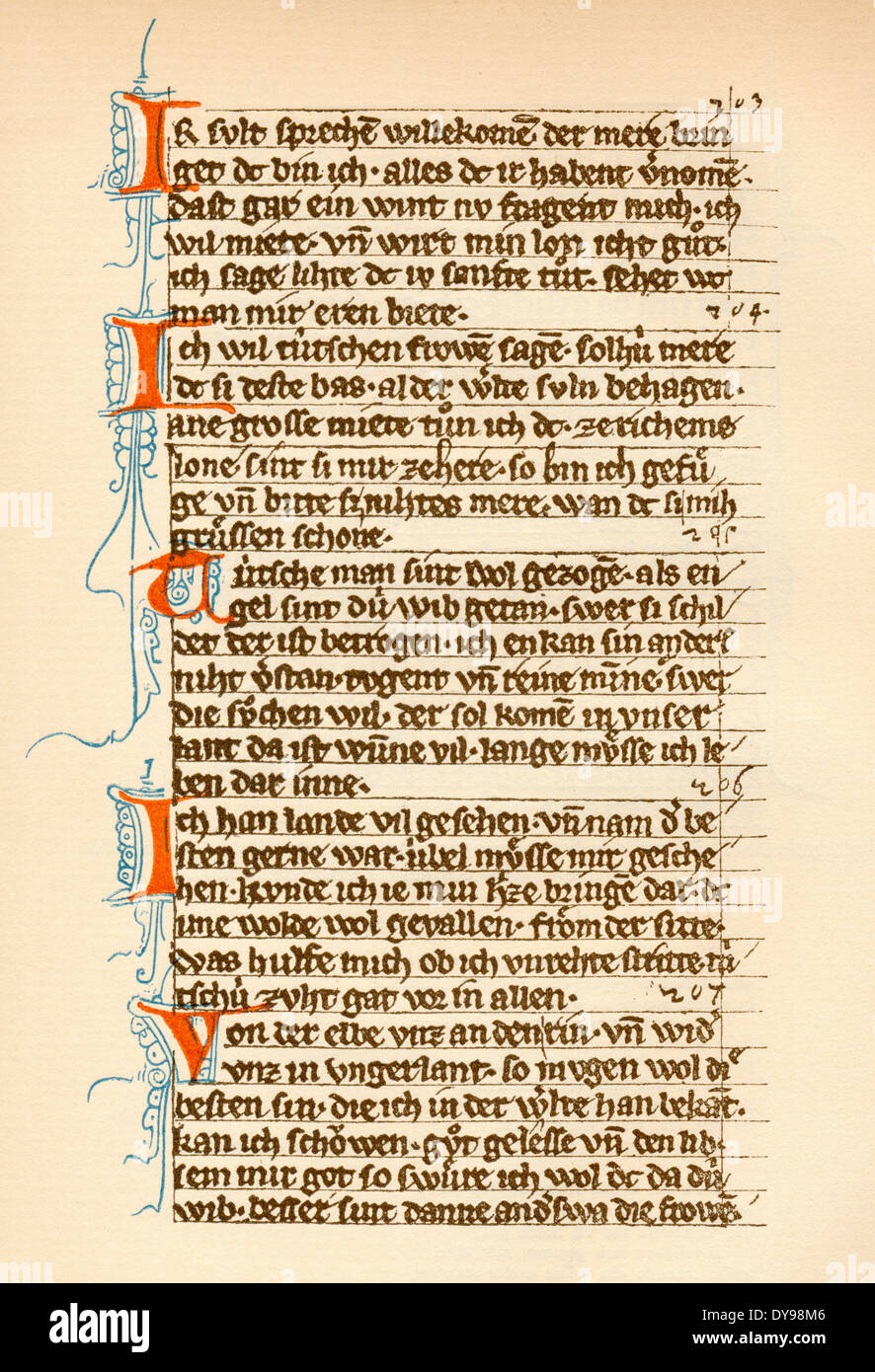 13. Jahrhundert, Faksimile, Codex Manesse, Liederbuch, Seiten 133, 134, Stockfoto