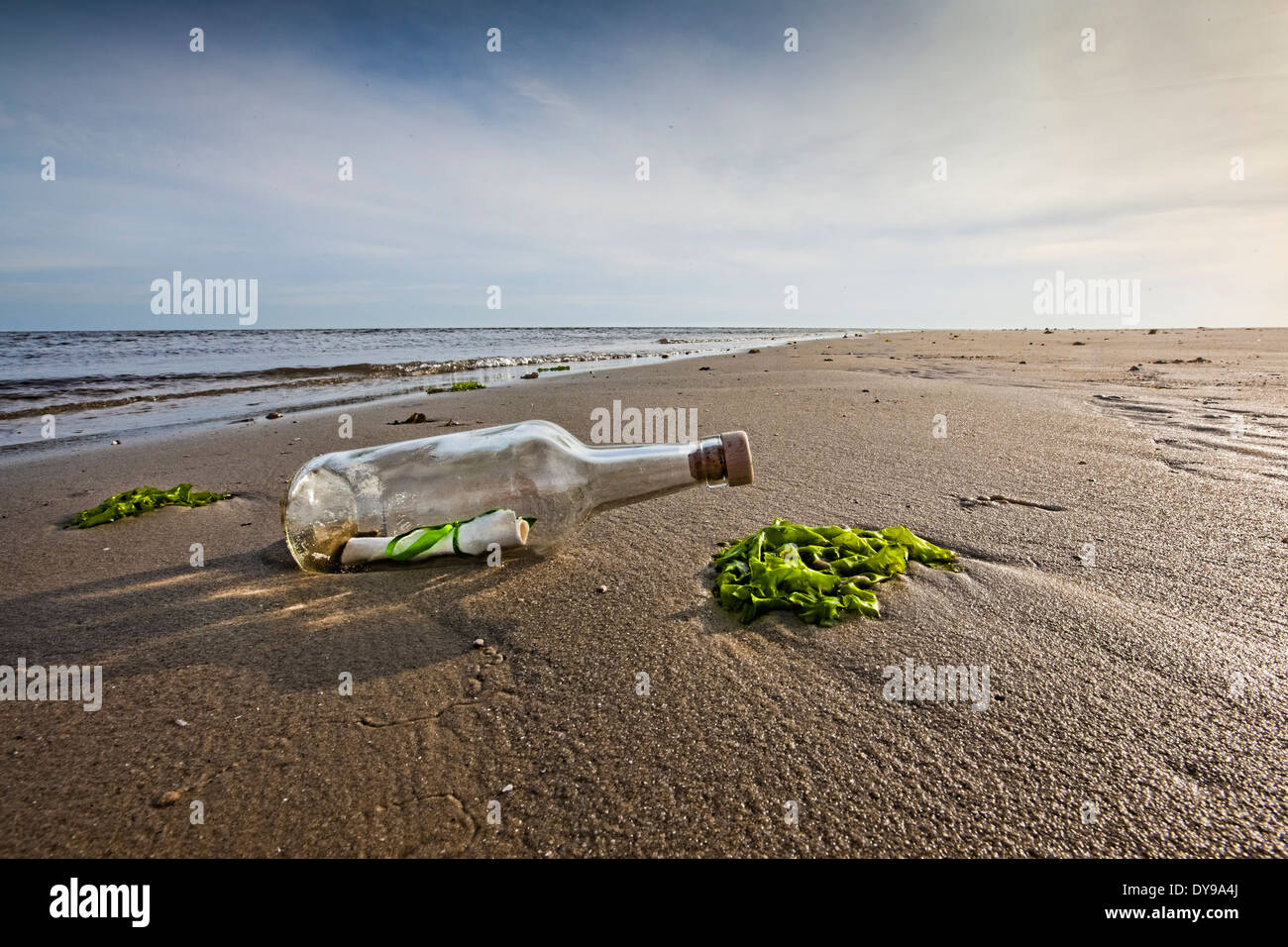 Nachricht in einer Glasflasche mit einem Korken in der Spitze an einen Strand gespült Stockfoto