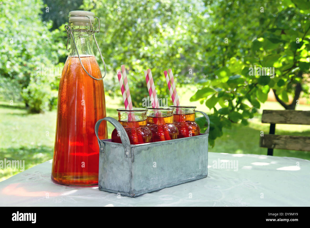 Brille von roter Erdbeersaft mit gestreiften Strohhalme im grünen Sommergarten Stockfoto