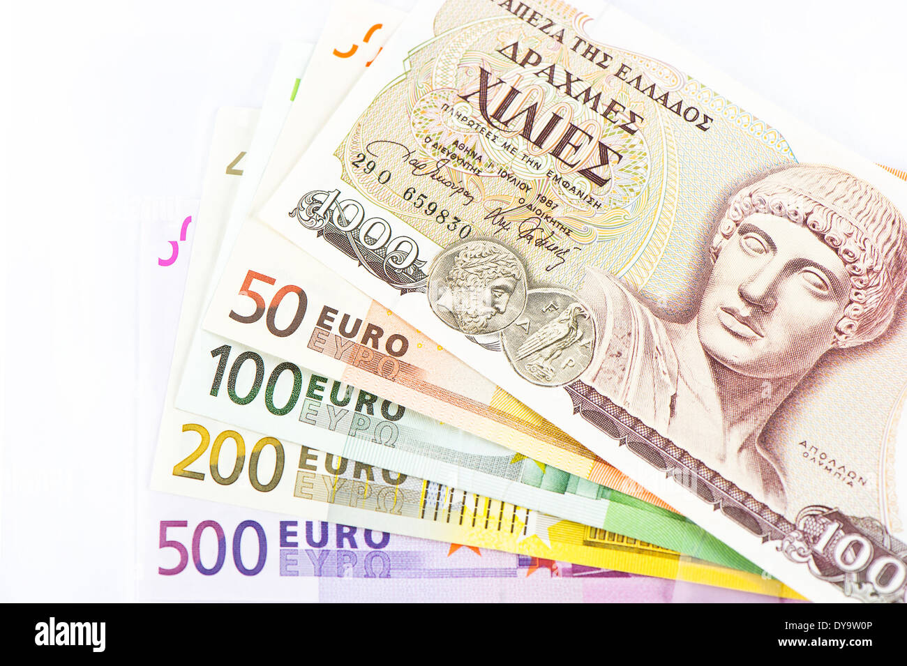 alte griechische Drachme und Euro Bargeld Banknoten Stockfoto