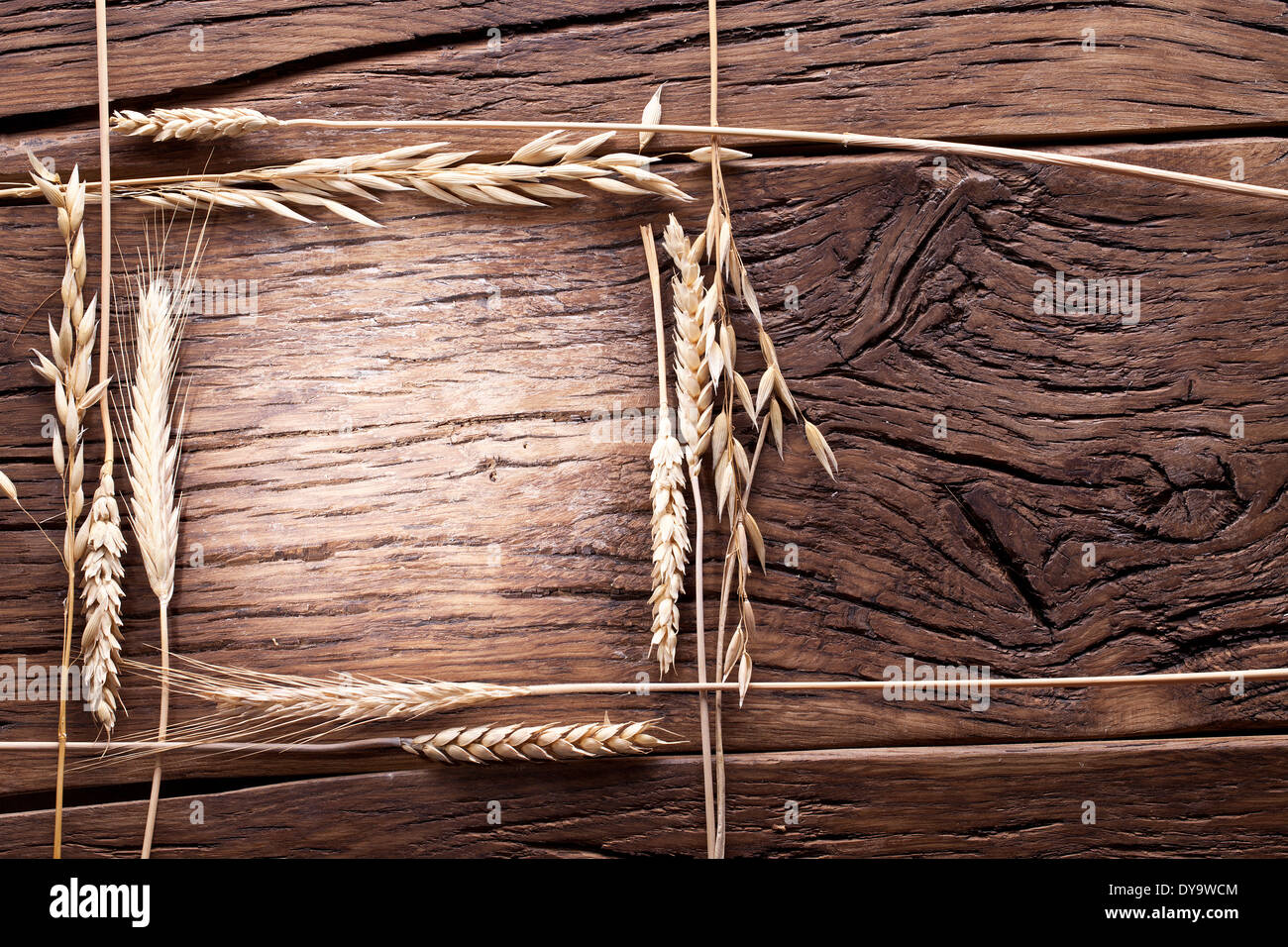 Ähren auf alten Holztisch. Stockfoto