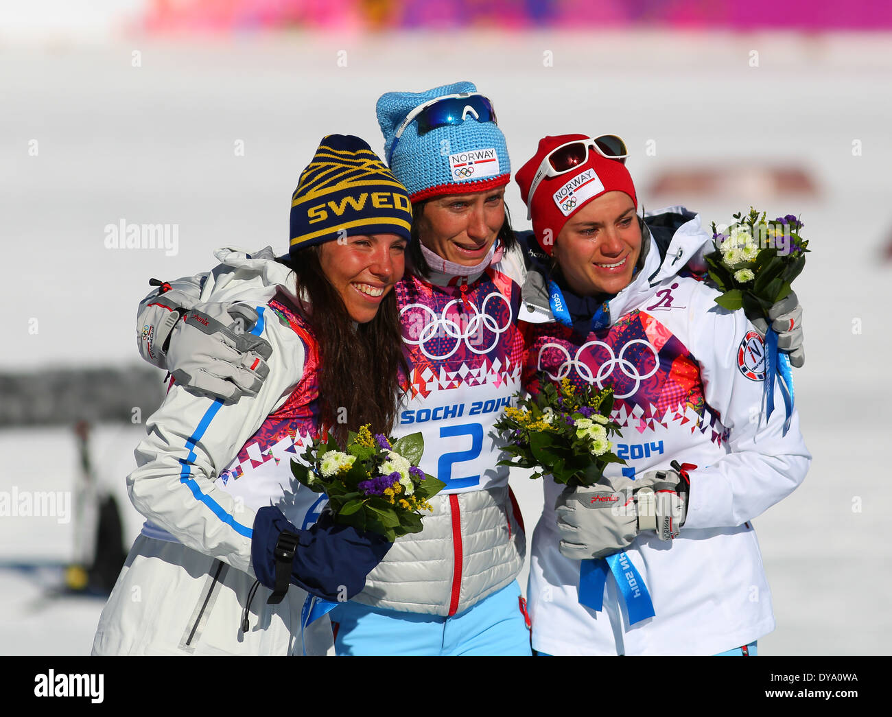 Sotschi, Russland – 8. Februar 2014: Medaillengewinner der Ladies' Skiathlon 7,5 km klassisch + 7,5 km frei von Sotschi 2014 XXII Olympische Stockfoto
