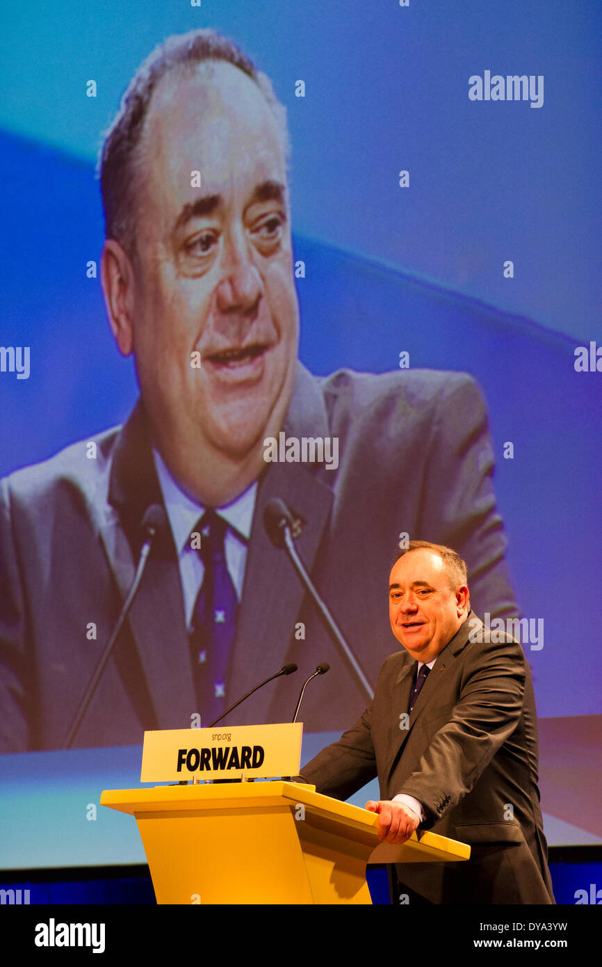 Weiter mit Alex Salmond MSP, Parteiführer bei der SNP-Frühjahrstagung im Exhibition and Conference Centre (AECC) 2014. Dies ist die letzte formelle Versammlung vor dem Referendum am 18th. September, in dem ein Ja-Votum für die Unabhängigkeit Schottlands geführt wird. Die Konferenz anlässlich des 80th. Jahrestages der Gründung der Partei folgt auf die Veröffentlichung von ‘Schottlands Zukunft, einem detaillierten Plan für eine Regierung der schottischen Nationalpartei, die mit den neuen Mächten liefern soll. Stockfoto