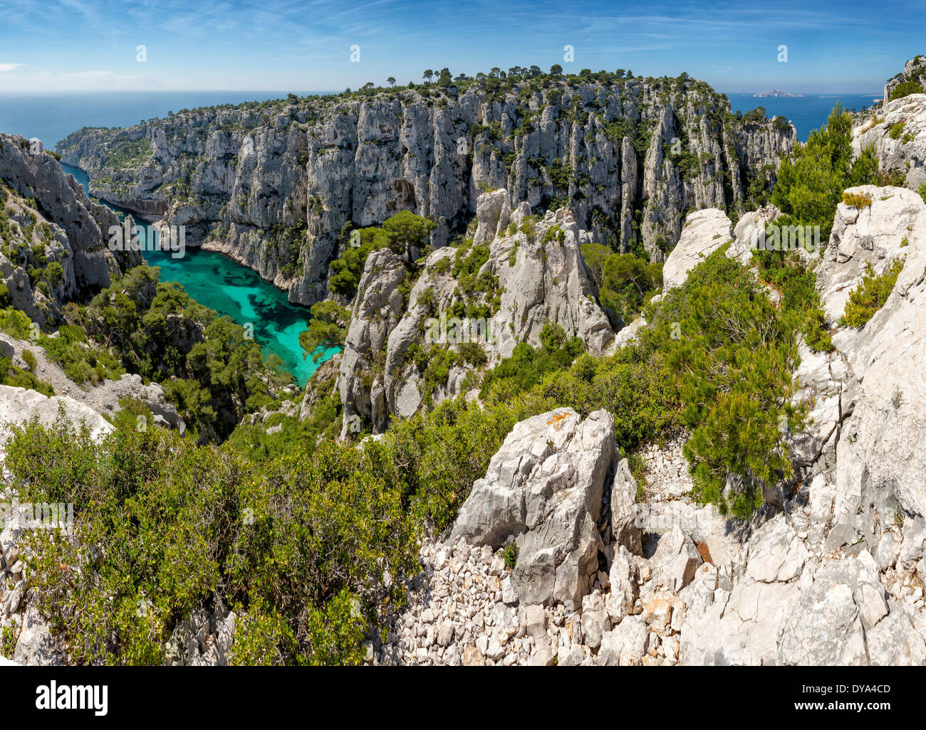 Calanque d ' en-Vau, Calanque, felsigen Bucht, Landschaft, Sommer, Berge, Meer, Cassis, Bouches-du-Rhône, Frankreich, Europa, Stockfoto