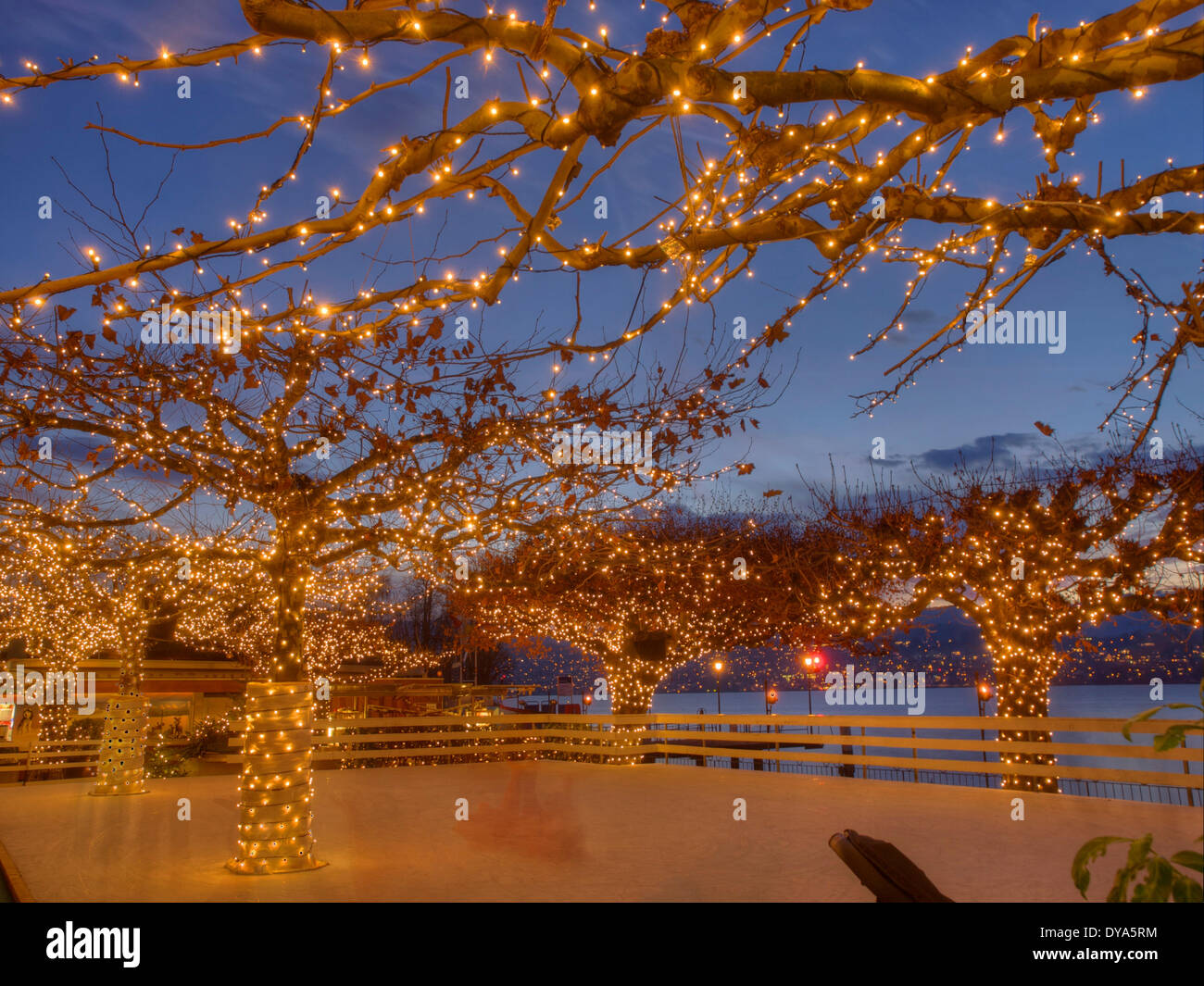 Europa, Schweiz, Kanton Zürich, Abend, künstliche, ice Rink, Küsnacht,  Beleuchtung, Weihnachten, Weihnachtsbeleuchtung Stockfotografie - Alamy