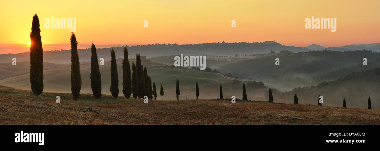 Europa, mediterran, Italienisch, Italien, Toskana, Provinz Siena, Pienza, Landschaft, Sonnenaufgang, Panorama, morgen Stockfoto