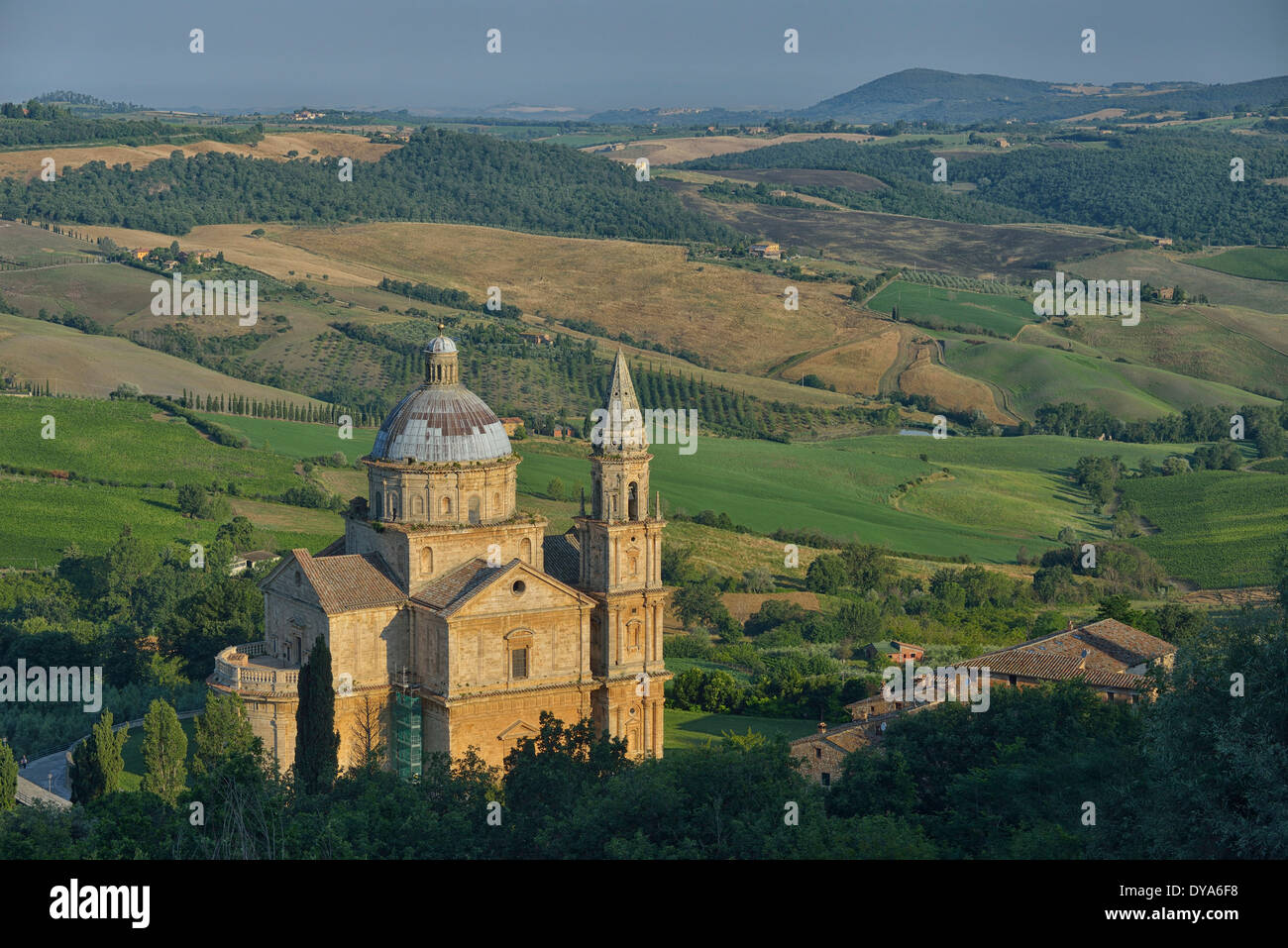 Europa mediterranen italienischen Italien Toskana Siena Provinz San Biagio Montepulciano Kirchenarchitektur Dawn Landschaft Hügel Stockfoto