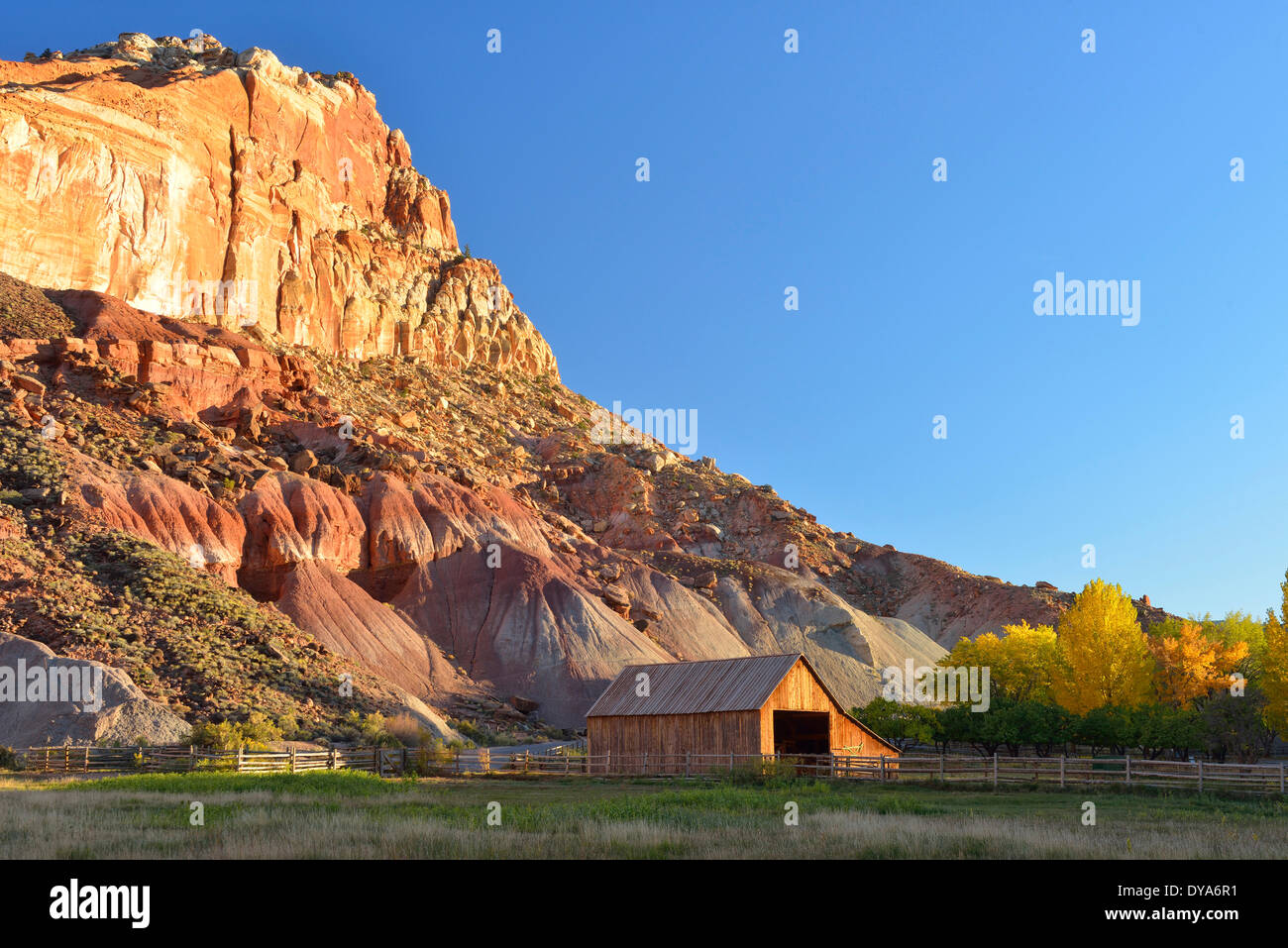 USA-Amerika-USA-Utah-Colorado-Plateau südlichen Capitol Reef National Park Laub Fruita Scheune Klippe Weide Bauernhof r Stockfoto