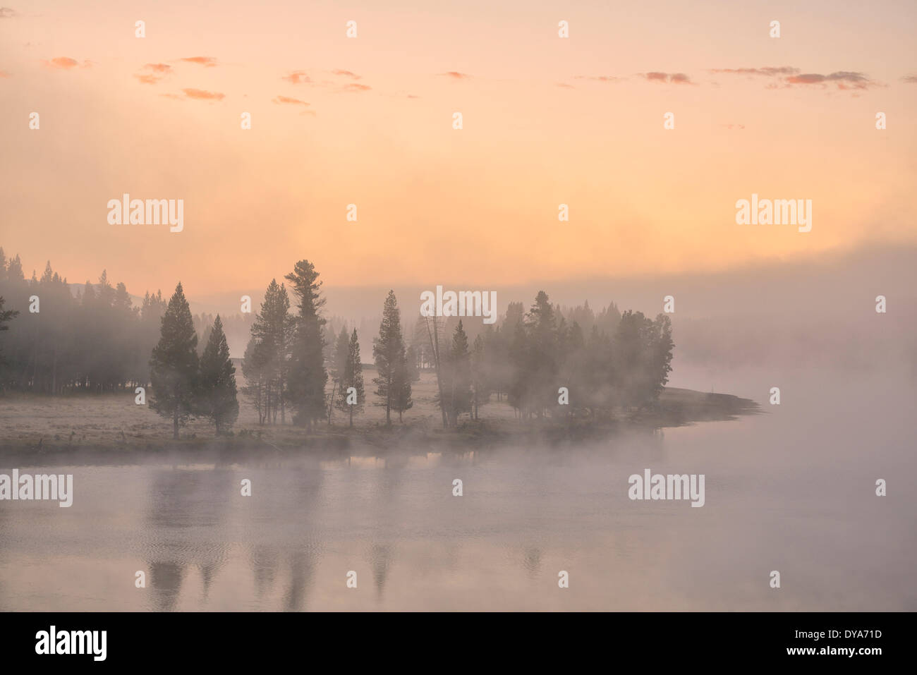 Amerika Wyoming USA USA Yellowstone Nationalpark UNESCO-Welterbe Natur Sonnenaufgang Nebel Natur Flusslandschaft, Stockfoto