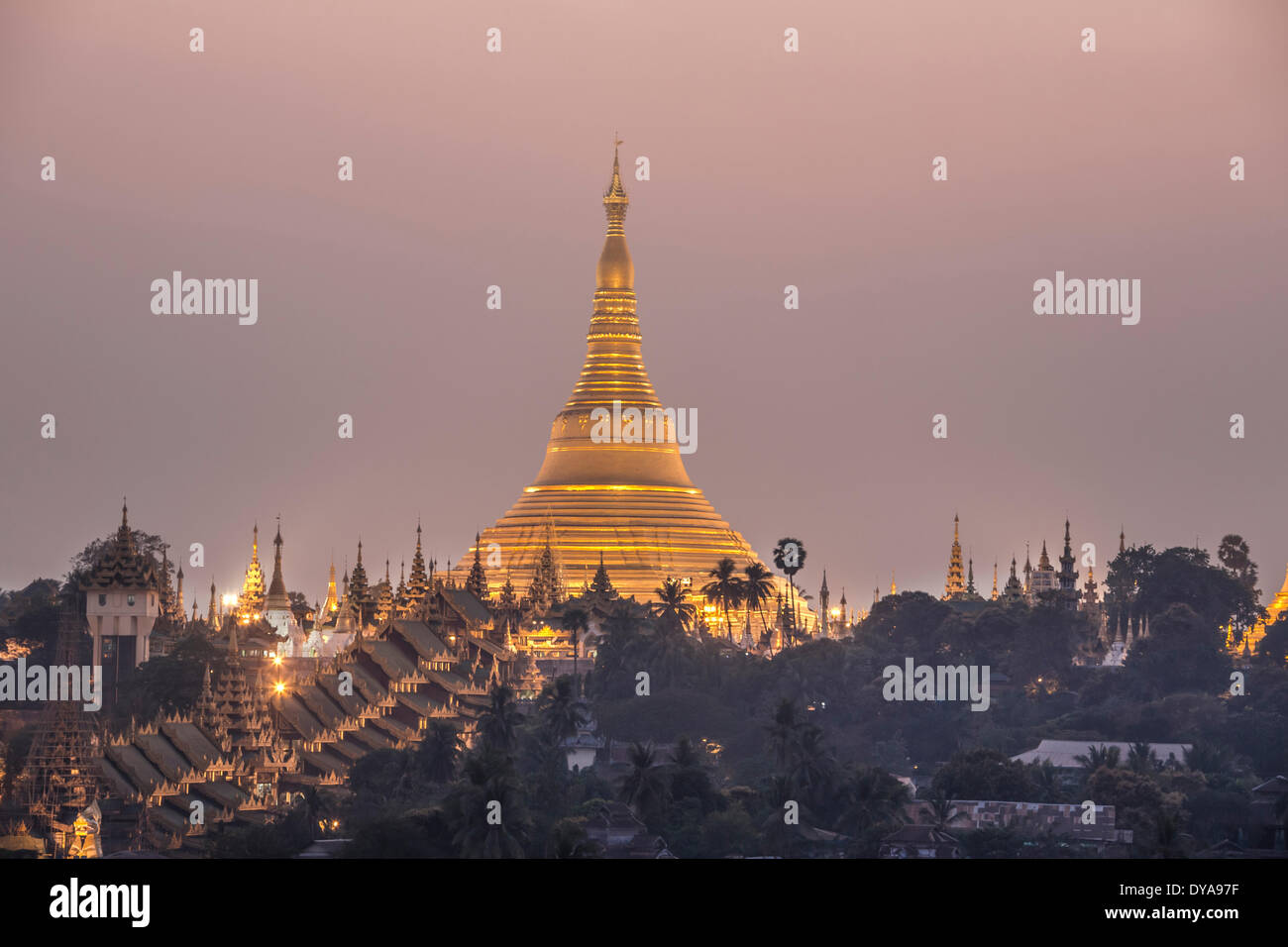 Myanmar, Burma, Asien, Yangon, Rangun, Shwedagon, Pagode, Religion, Golden, Wahrzeichen, Abend Stockfoto