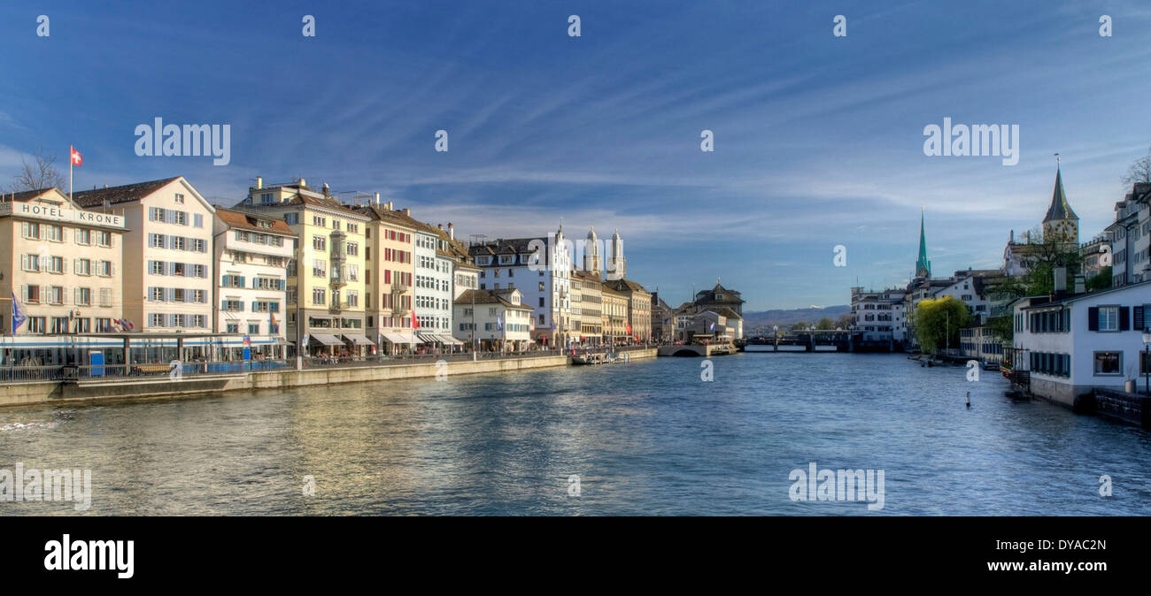 Zürich, Schweiz, Europa, Kirche, Grossmünster, Limmat, Limmatquai, Schipfe, Trauerweide, Stockfoto