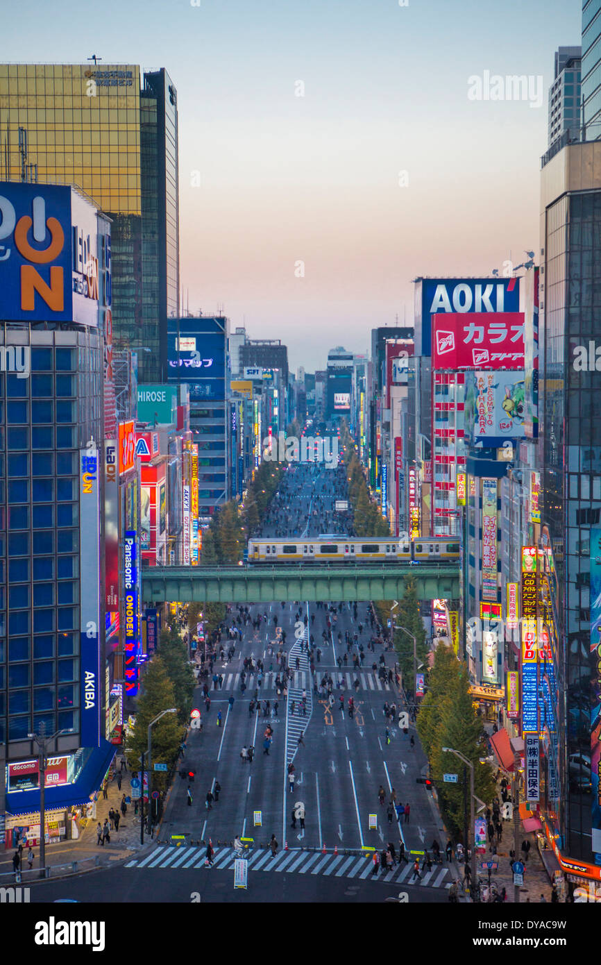 Japan Asia Tokio Akihabara Herbst Ave Chuo Bezirk Stadt elektrisches Licht Fußgänger shopping Abend Nacht touristische trav Stockfoto