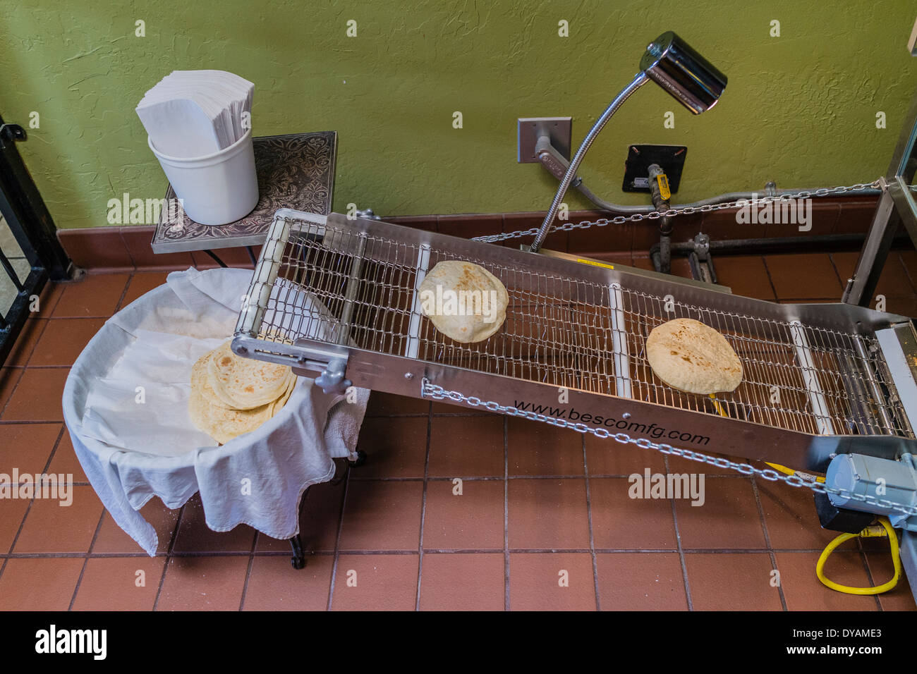 Weizen-Tortillas bestehen in einer Maschine sind kommt aus der Maschine auf einem Förderband in einem Restaurant in Yuba City, Kalifornien. Stockfoto