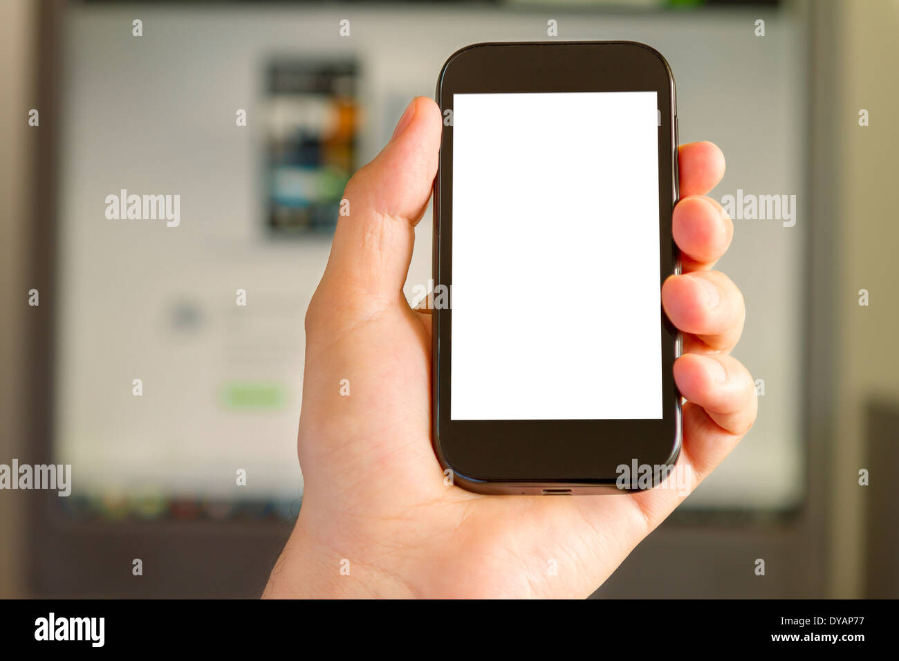 Closeup des Mannes Hand, die eine Smartphone im Büro Stockfoto
