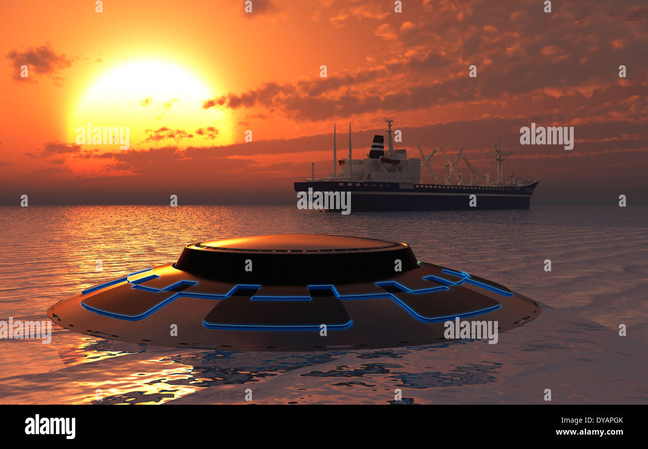 Eine nicht identifizierte untergetaucht Objekt (USO) über dem Wasser des Ozeans auftauchen. Stockfoto